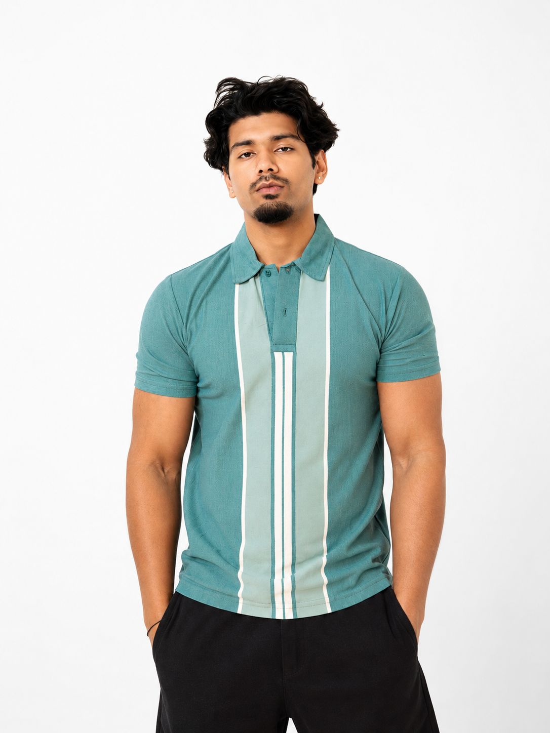 Flexora Men’s Teal Vertical Stripe Polo.