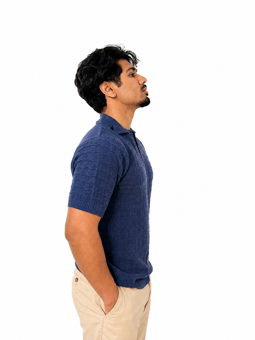 Flexora Men’s Blue Sweater-Knit Polo.