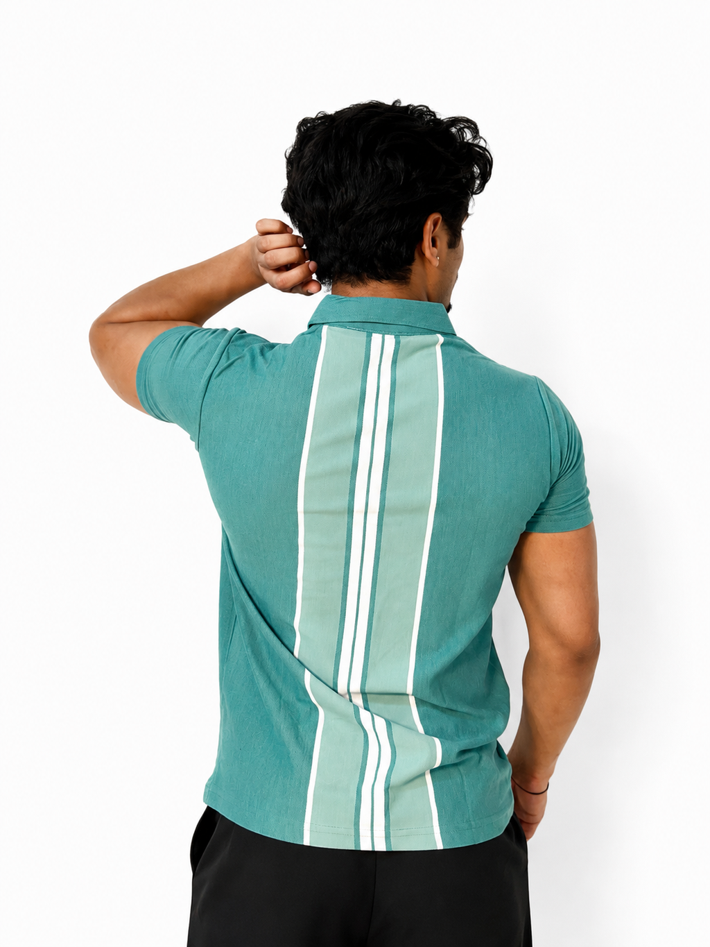 Flexora Men’s Teal Vertical Stripe Polo.